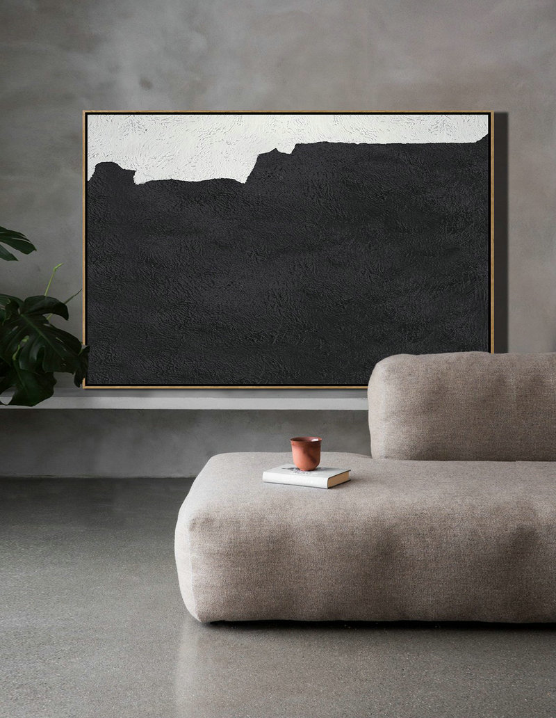 Large Canvas Wall Art For Sale,Hand Painted Oversized Horizontal Minimal Art On Canvas, Black And White Minimalist Painting - Canvas Artwork For Sale